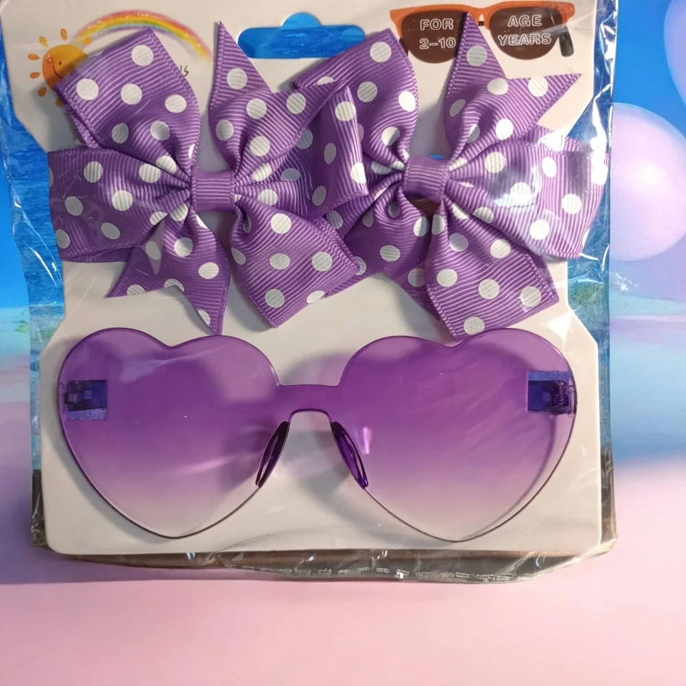 Polka Dot Hair Bow Set with Purple Heart Sunglasses NWT